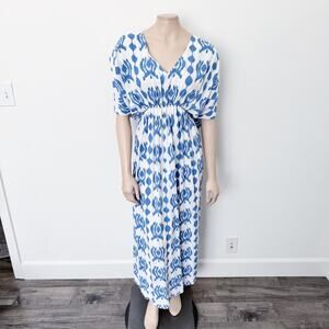 [World Market] Blue Geometric Print Kaftan Coverup Short Sleeve Maxi Dress L/XL